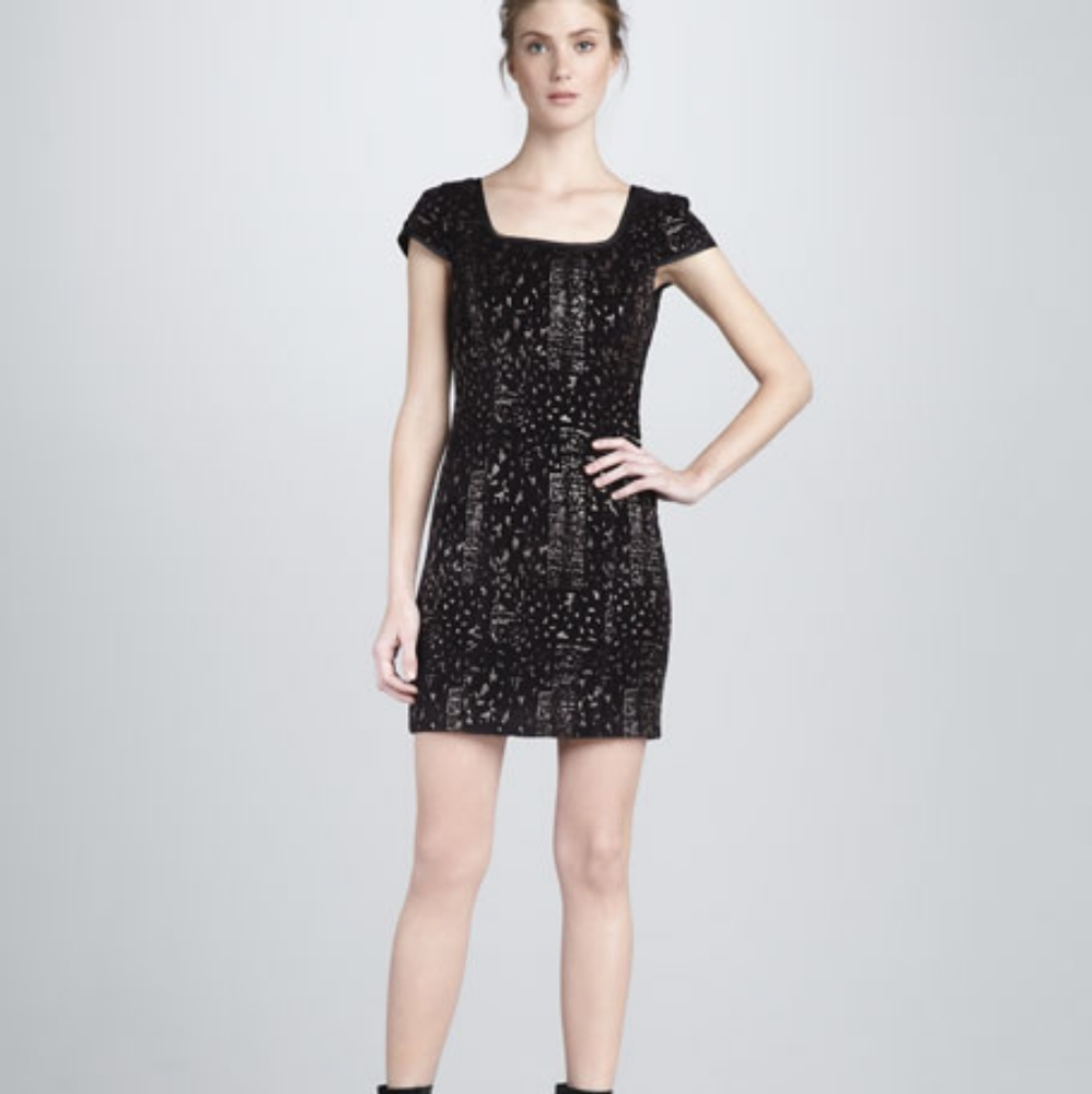 Rachel Zoe Edie Metallic Gold Black Cap Sleeve Short Mini Dress Womens Sz 4